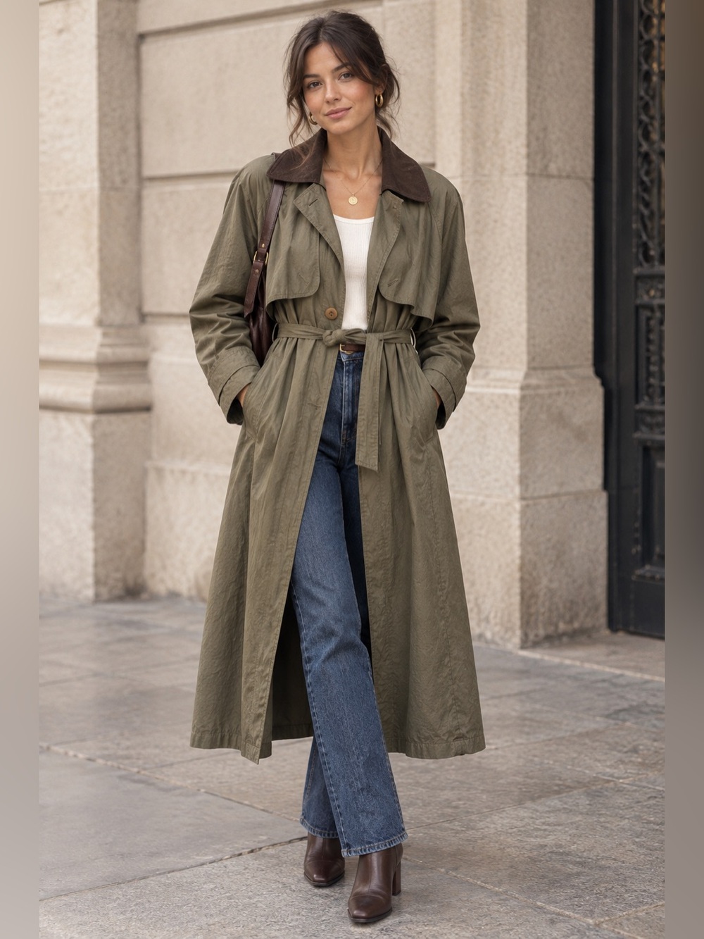 Vintage Barn Trench Coat by Petite Sophisticate Cotton Lined Leather Collar